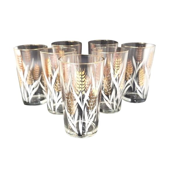 Homer Laughlin Vintage Wheat Pattern Drinking Glasses Set of 7 Gold Rim Mid Cent - Picture 1 of 5